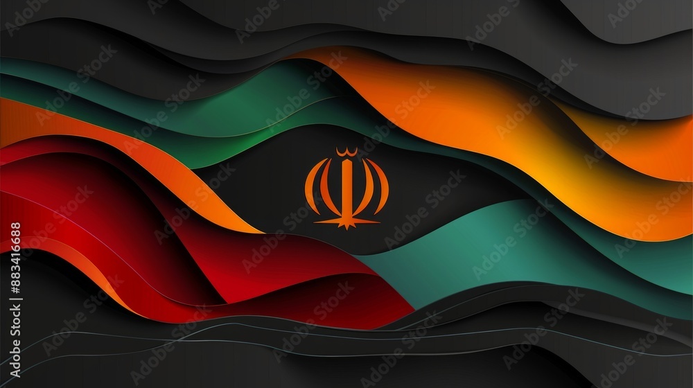 Poster digital mockup of a paper background with waves and folds in the colors of the iranian flag.
