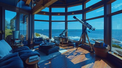The cliff-top observatory of a Suburban Cape Cod home, featuring telescopes and panoramic windows for stargazing and ocean watching