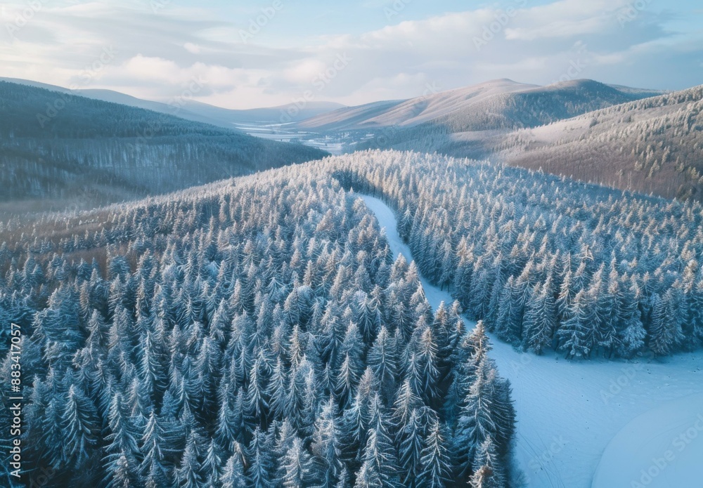 Poster a view of a snowy forest with trees and snow. ai.