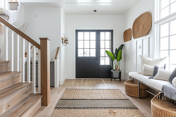 Apartment entrance hall with wooden staircase access to upper floor, design, furniture, home, modern, sea, wooden