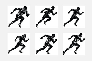 Set of isolated vector silhouettes of runners