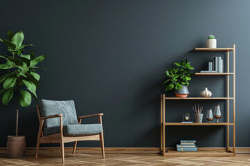 Modern interior of living room with armchair and shelving unit and console table dark green olive color wall background with copy space