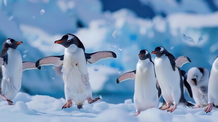 Fototapeta premium A group of penguins performing a funny dance on the ice. One of the penguins is standing on its head while others are flapping their flippers to the rhythm of imaginary music. The whole scene looks li