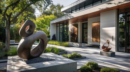 Suburban Contemporary home with an outdoor sculpture garden, featuring abstract art and a minimalist landscape