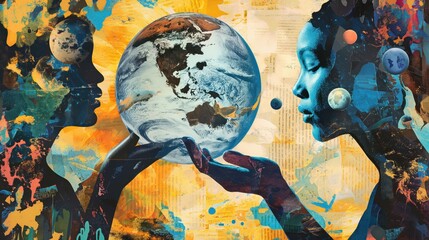 Fototapeta premium Abstract artwork featuring two silhouetted profiles holding a planet, surrounded by cosmic elements and vibrant colors, symbolizing unity and the universe.
