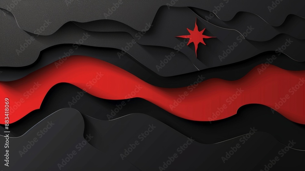 Poster digital illustration of a paper mockup with red and black wavy layers and a single red star in the u