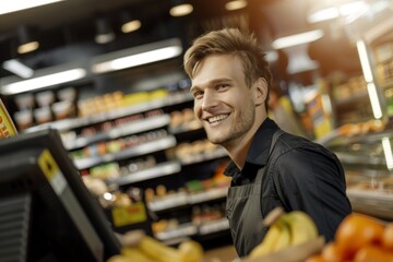 Obraz premium A person uses a self-checkout device in a supermarket. Beautiful simple AI generated image in 4K, unique.