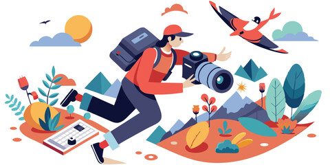 World Photography Day vector illustration. Birds-eye view of a photographer in action