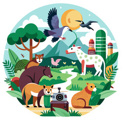 Naklejka premium World Photography Day vector illustration. Wildlife photography with animals in their natural habitats