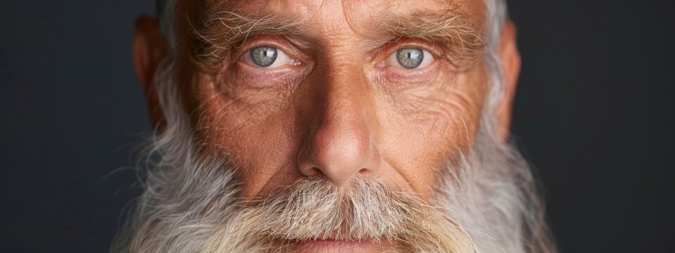  A close-up of a man with a long white beard, blue eyes, and a goatee