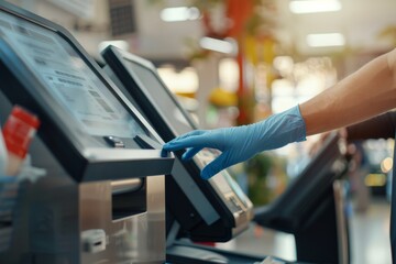 customer using a self-checkout kiosk at a grocery store.. Beautiful simple AI generated image in 4K, unique.