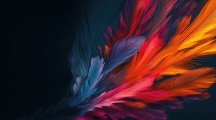 Colorful feathers in various shades of blue, red, orange, and purple on a dark background, creating a vibrant and dynamic visual effect.