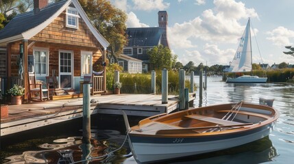 Obraz premium The custom-crafted sailboat dock of a Suburban Cape Cod home, equipped with a boathouse and vintage nautical decor, reflecting the maritime heritage of the area