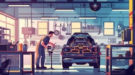 Fototapeta premium Illustration of an automotive engineer working in a garage on a futuristic car with advanced technology components.