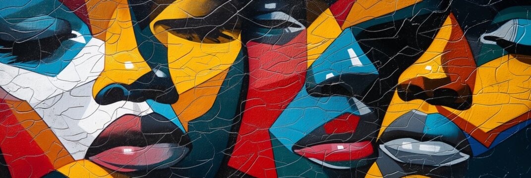 Vibrant geometric mural of faces