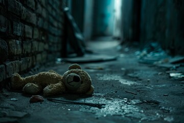 World Day Against Trafficking in Persons. National Human Trafficking Awareness Day. Concept of human trafficking. A child's toy lying abandoned in an alleyway with dark shadows around