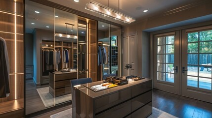 Suburban Contemporary master closet with custom lighting, a center island for accessories, and mirrored doors