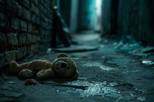 World Day Against Trafficking in Persons. National Human Trafficking Awareness Day. Concept of human trafficking. A child's toy lying abandoned in an alleyway with dark shadows around