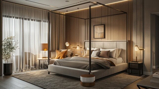 Suburban Contemporary master bedroom with a minimalist canopy bed, soft textiles, and ambient lighting