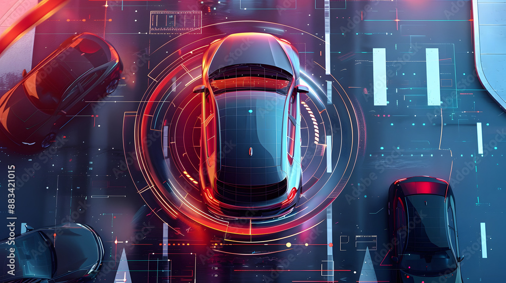 Poster in future, autonomous smart car will scan the road for hazards. iot concept in autonomous self-drivi