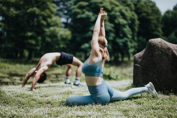 A man and woman practicing yoga and calisthenics in a park. The woman is stretching while the man...