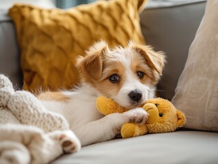 Cachorrinho fofo brincando com pelúcia no sofá
