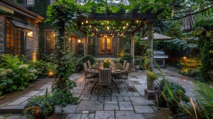 Obraz premium The elegant outdoor dining set on a Suburban Colonial home's stone patio, surrounded by lush greenery and soft garden lights