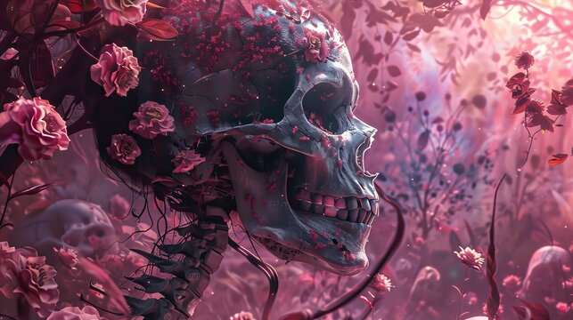 Skull in Pink Flowers Illustrating Body Dysmorphic Disorder