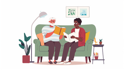 Cartoon illustration of a woman giving a gift to a businessman at a restaurant table