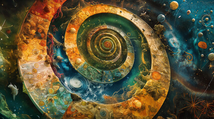 Depiction of different life stages within the Wheel of Samsara, interconnected and profound, upper third copy space