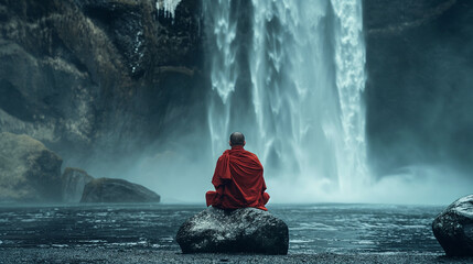 Obraz premium A monk in deep meditation under a waterfall, intense and purifying, left third copy space