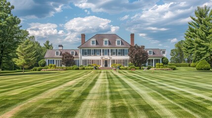 Obraz premium The expansive front lawn of a Suburban Colonial home, meticulously maintained for hosting summer lawn games and family picnics