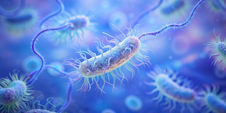 Microscopic close-up of Helicobacter pylori bacteria interacting with viral particles, exhibiting twisted helical shape and flagella, amidst a backdrop of translucent membrane structures.