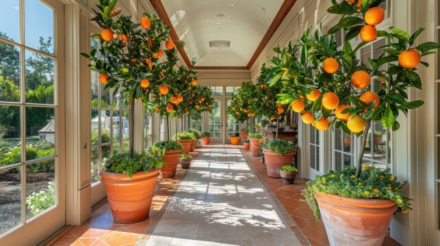 The expansive sunroom of a Suburban Colonial home, lined with citrus trees in terracotta pots, providing a sunny, fragrant retreat year-round