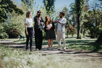 A cheerful group of multiethnic friends gather in a park on a sunny day, showcasing diversity, joy, and togetherness amidst a casual outdoor setting.