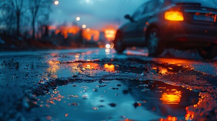 Rainy city street with puddle reflections and blurred car lights - generative ai