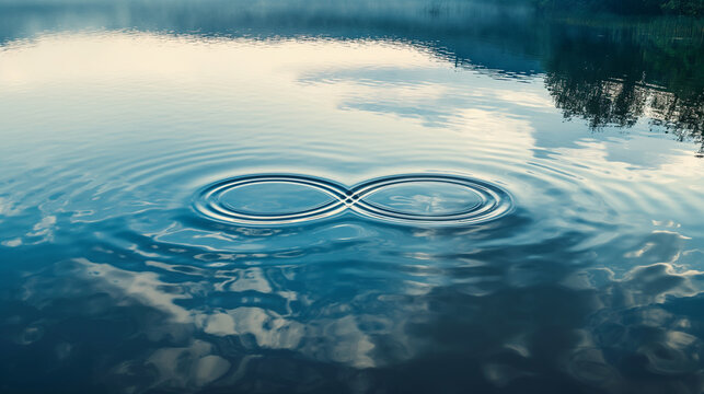 Infinity symbol formed by ripples in a calm lake, serene and reflective, left third copy space