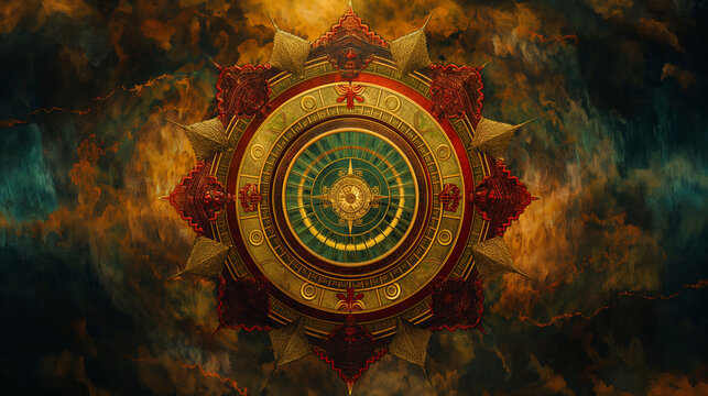 The Wheel of Samsara surrounded by representations of the four elements, balanced and eternal, bottom third copy space