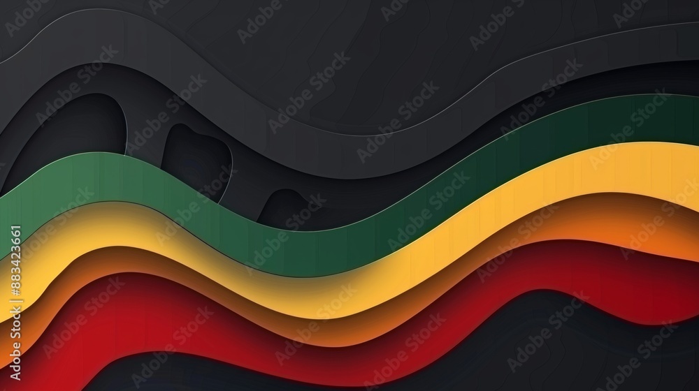 Poster digital illustration featuring paper mockups with textures and colors reminiscent of various national flags, arranged in a wave-like pattern against a dark background.