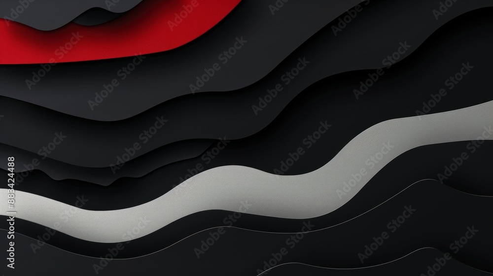 Poster digital illustration of abstract, paper-like waves in a black, white, and red color scheme. the wavy