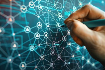 Businessman drawing a social network connection with people icons on a blue background, closeup view of the businessman's hand holding a marker pen connecting dots Generative AI