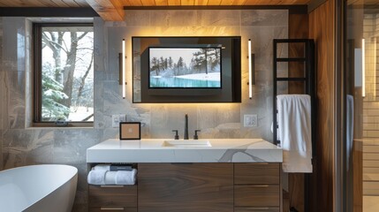 Suburban Mid-Century Modern bathroom with a vanity mirror that doubles as a smart TV, a towel warmer, and a minimalist sink