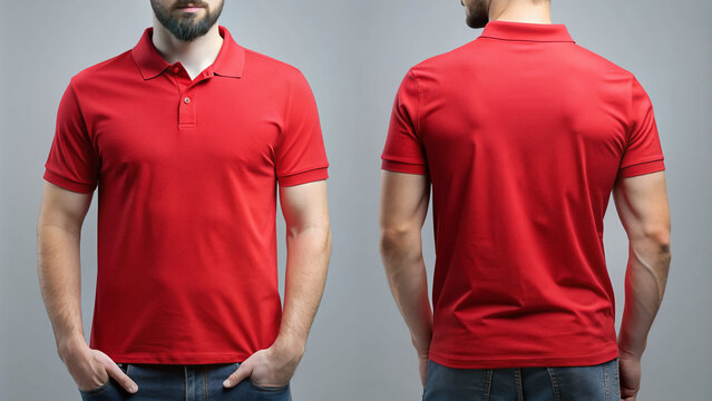 Front and back views of a man wearing a red polo shirt mockup template