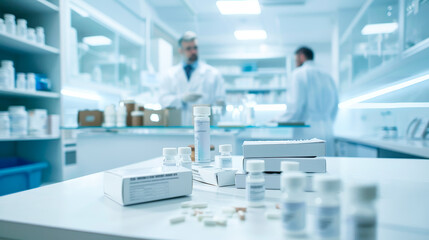 Clean room table with pharmaceutical pills and bottles, and blurred background with workers in white lab coat in the background of pharmacy or laboratory. Copy space