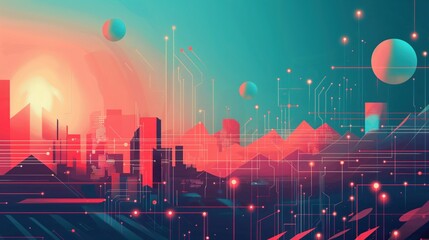 Fototapeta premium Futuristic cityscape with digital circuits and abstract geometric shapes against a vibrant sunset backdrop.