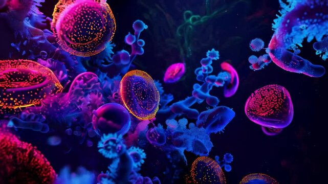 Molecules of Candida auris fungal infection in darkness,neon art