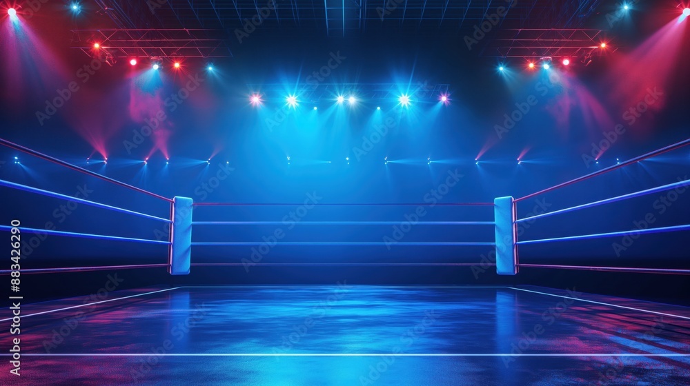 Poster Empty wrestling ring in an arena with colorful spotlights illuminating from above, creating a dramatic atmosphere.