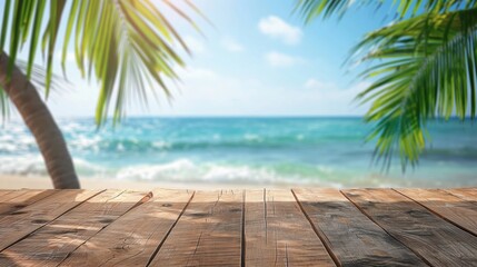 Wooden deck overlooking a tropical beach with palm trees, clear blue water, and a sunny sky in the background.