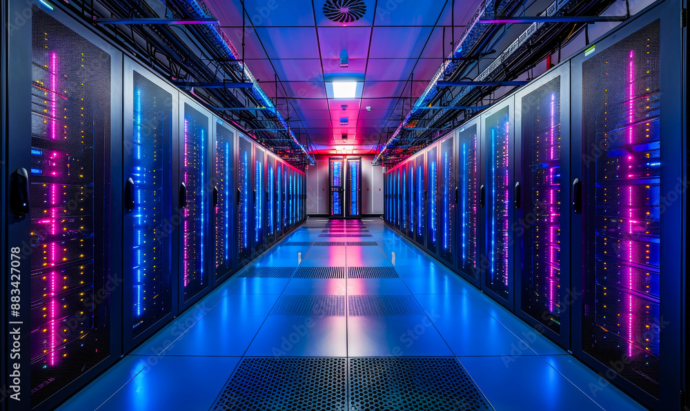 Poster modern data center server room with rows of illuminated racks for cloud computing, ai, and supercomp