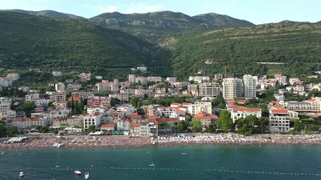 Panoramic view of Petrovac resort and the main beach of Petrovac in Montenegro, Aerial view